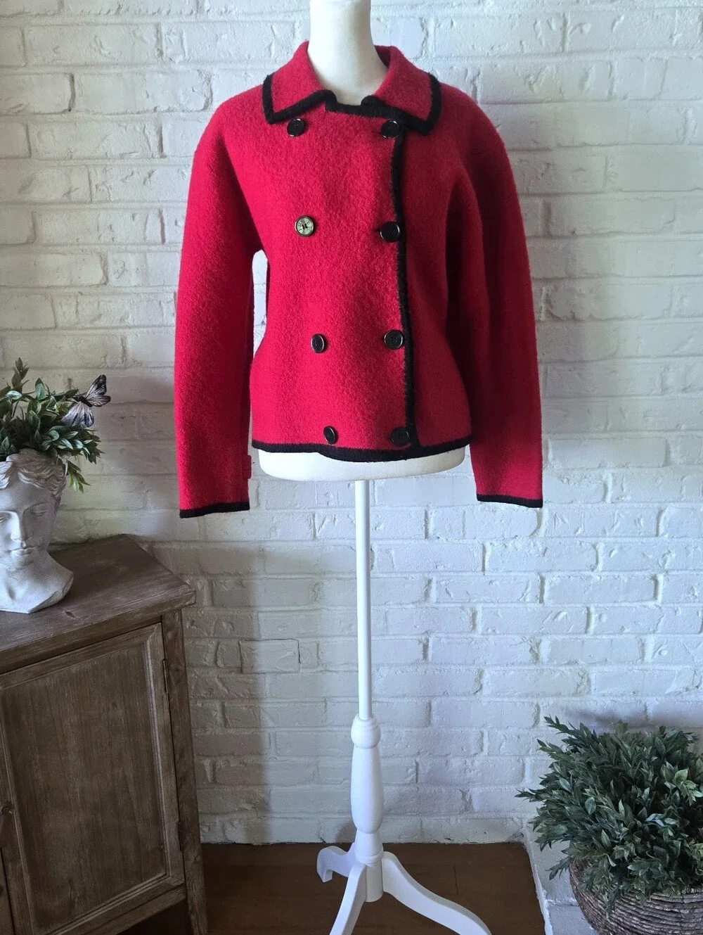 Vtg 80s 90s 100% WOOL Pea Coat, Red + Black Trim, Double Breasted, S